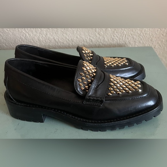 Jimmy Choo Deanna Black Gold Spiked Slip In Embellished Loafer Shoes 37.5 New - Picture 3 of 15